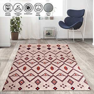 İskandinav Kilim Tarzı Bej Kırmızı Tonlarda Halı Kaymaz Taban Makinada Yıkanabilir 80x50 cm