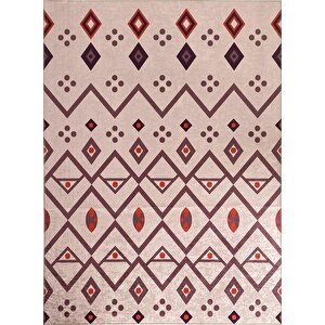İskandinav Kilim Tarzı Bej Kırmızı Tonlarda Halı Kaymaz Taban Makinada Yıkanabilir 80x50 cm