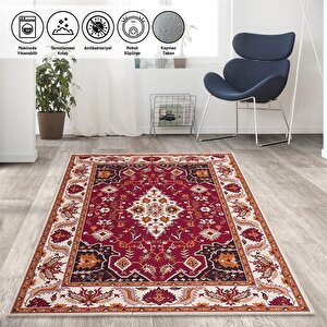 Klasik İran Tarzı Barok Desenli Kırmızı Krem Halı Kaymaz Taban Makinada Yıkanabilir 60x100 cm