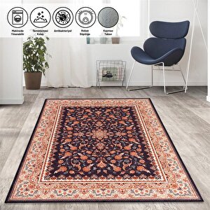 Klasik Barok İran Tarzı Desenli Siyah Bej Halı Kaymaz Taban Makinada Yıkanabilir 80x50 cm