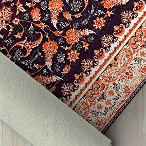 Klasik Barok İran Tarzı Desenli Siyah Bej Halı Kaymaz Taban Makinada Yıkanabilir 80x50 cm