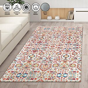 Halı Eskitme Osmanlı Desenli Kırmızı Beyaz Kaymaz Yıkanabilir 120x160 cm