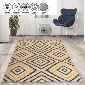 İskandinav Tarzı Geometrik Karo Desenli Bej Mavi Krem Halı Kaymaz Taban Makinada Yıkanabilir 60x100 cm
