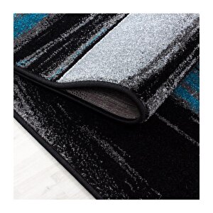 Modern Tasarımlı Halı Fırça Boyama Efekti Siyah Gri Mavi Beyaz 80x300 cm