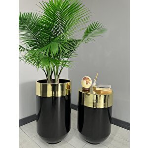 Dekoratif Gold Darbuka Parlak Siyah Saksı 70cm + Sehpa 60cm İkili Set