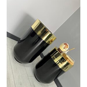 Dekoratif Gold Darbuka Parlak Siyah Saksı 70cm + Sehpa 60cm İkili Set