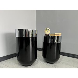 Dekoratif Krom Darbuka Parlak Siyah Saksı 70cm + Sehpa 60cm İkili Set