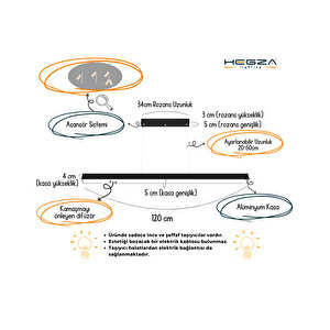 Lineer 120cm ( Siyah Kasa, Beyaz Işık ) Sarkıt Ledli Modern Led Avize, Salon, Mutfak, Oturma Odası Beyaz Işık (6500K)