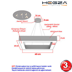 Quattro ( Gri Kasa, Sarı Işık ) Sarkıt Ledli Modern Led Avize, Salon, Mutfak, Oturma Odası