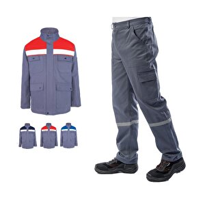 Kışlık İş Takımı Çok Cepli Reflektörlü Mont 4111 Ve 7/7 İş Pantolonu 2958 Gri Renk Yüzde Yüz Pamuk XL