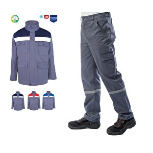 Kışlık İş Takımı Çok Cepli Reflektörlü Mont 4111 Ve 7/7 İş Pantolonu 2958 Gri Renk Yüzde Yüz Pamuk XL