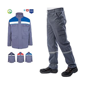 Kışlık İş Takımı Çok Cepli Reflektörlü Mont 4111 Ve 7/7 İş Pantolonu 2958 Gri Renk Yüzde Yüz Pamuk
