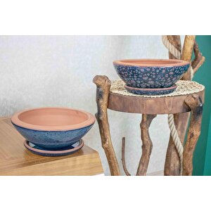 Okyanus Mavisi Ve Lacivert Şekilli Artistik Çift Sırlı Tabaklı Aranjmanlık Bonzailik Toprak Terrakota Saksı Salon Ç