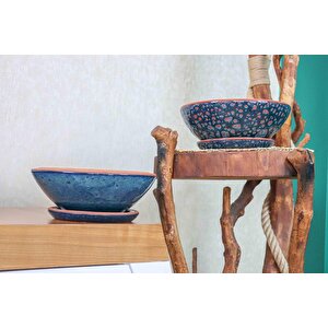 Okyanus Mavisi Ve Lacivert Şekilli Artistik Çift Sırlı Tabaklı Aranjmanlık Bonzailik Toprak Terrakota Saksı Salon Ç