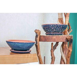 Okyanus Mavisi Ve Lacivert Şekilli Artistik Çift Sırlı Tabaklı Aranjmanlık Bonzailik Toprak Terrakota Saksı Salon Ç