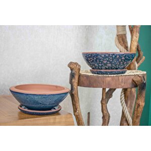 Bitki Tasarımı Okyanus Mavisi Ve Lacivert Şekilli Artistik Çift Sırlı Tabaklı Aranjmanlık Bonzailik Toprak Terrakota Saksı Salon Ç