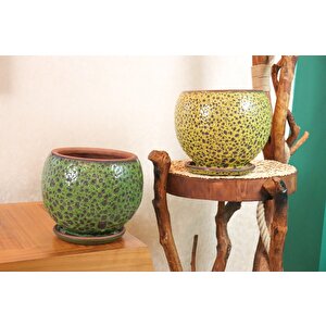 Bitki Tasarımı Yeşil Şekilli Ve Hardal Sarısı Şekilli Artistik Çift Sırlı İç Ve Dış Mekan Kullanımlı Tabaklı Toprak Terrakota Saks