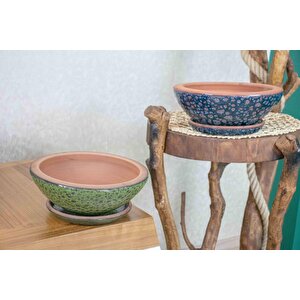 Bitki Tasarımı Yeşil Şekilli Ve Lacivert Şekilli Artistik Çift Sırlı Tabaklı Aranjmanlık Bonzailik Toprak Terrakota Saksı Salon Çi