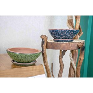 Bitki Tasarımı Yeşil Şekilli Ve Lacivert Şekilli Artistik Çift Sırlı Tabaklı Aranjmanlık Bonzailik Toprak Terrakota Saksı Salon Çi