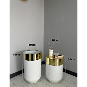 Dekoratif Gold Darbuka Parlak Beyaz Saksı 70cm + Sehpa 60cm İkili Set