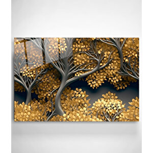 Sarı Yapraklı Ağaç Cam Tablo, Dekoratif Cam Tablo 70x105 cm