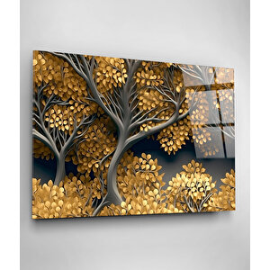 Sarı Yapraklı Ağaç Cam Tablo, Dekoratif Cam Tablo 70x105 cm