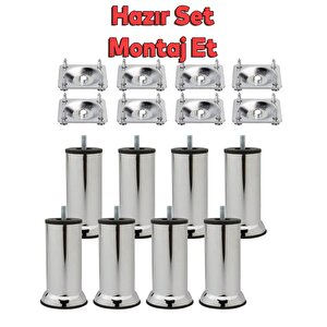 Mobilya Kanepe Baza Koltuk Destek Ayağı M8 Civata 15 Cm Krom Metal Ayak + Bağlantı Aparatı (8'li Set)