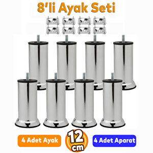 Mobilya Kanepe Baza Koltuk Destek Ayağı M8 Civata 12 Cm Krom Ayak + Bağlantı Aparatı  (8'li Set)