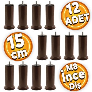 Baza Mobilya Kanepe Koltuk Destek Ayağı M8 Civatalı Kahverengi Metal Ayak 15 Cm (12 Adet)
