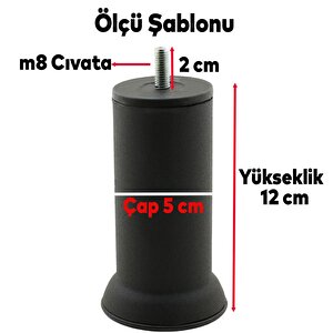 Mobilya Baza Metal Kanepe Koltuk Destek Ayağı M8 Civatalı İnce Diş Siyah Metal Ayak 12 Cm (12 Adet)