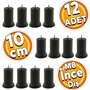Mobilya Baza Koltuk Kanepe Çekyat Yükseltme Ayağı Metal Ayakları Ince Diş M8 Siyah 10 Cm 12 Adet