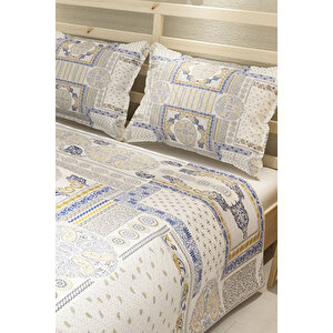 Pike Takımı Pamuklu Çift Kişilik  Jakar Dokuma Yatak Örtüsü Blue Patchwork