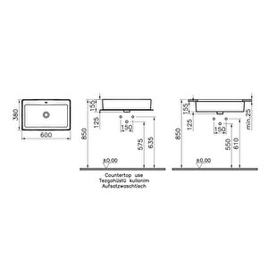 Vitra Nuo Çanak Lavabo 7434b003-0012 Dikdörtgen - 60x38 Cm - Armatür Deliksiz - Su Taşma Delikli - Beyaz