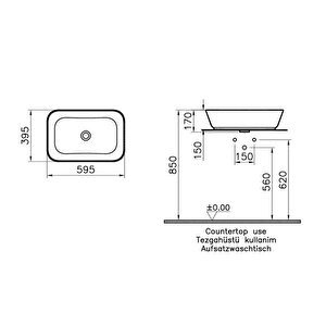 Vitra Geo Çanak Lavabo 7425b070-0016 Dikdörtgen - 60x39 Cm - Armatür Deliksiz - Su Taşma Deliksiz - Siyah