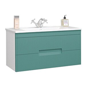 Denko Galata 85 Cm Mdf Yeşil Banyo Dolabı Alt Modül Ve Seramik Lavabo