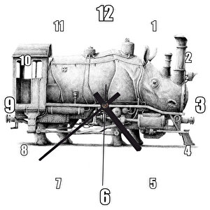 Gergedan Ve Lokomotif Karışımı Karakalem Duvar Saati