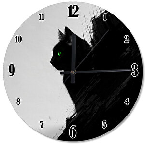 Yeşil Gözlü Kara Kedi Baskılı Duvar Saati