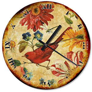 Kırmızı Kuş Ve Çiçekler Baskılı Duvar Saati