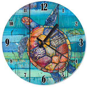 Mavi Ahşap Zeminde Halı Desenli Su Kaplumbağa Duvar Saati