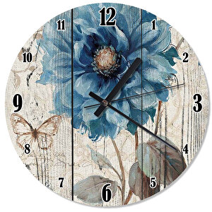 Mavi Çiçek Desenli Duvar Saati