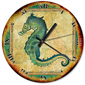 Eskimiş Ahşap Zeminde Çerçeve İçinde Deniz Atı Duvar Saati