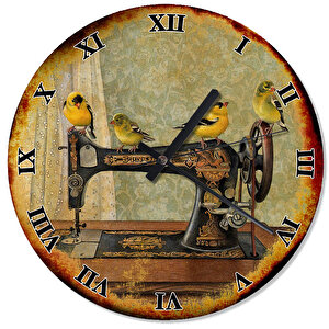 Eski Dikiş Makinesi Ve Kuşlar Tasarım Duvar Saati