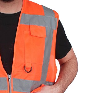 Mühendis Tipi İkaz Yeleği Cepli Fosforlu Turuncu Güvenlik Yelek