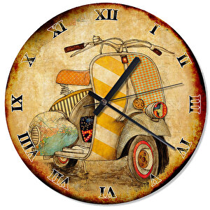 Eski Zeminde Sarı Vespa Motorsiklet Duvar Saati