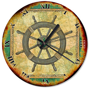 Eski Ahşap Zeminde Çerçeve İçinde Gemi Dümeni Duvar Saati