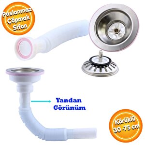 Lüks Çöpmak Körüklü Evye Lavabo Sifonu Gider Borusu Akordiyon Plastik Geniş Kafa Paslanmaz 30 -75 Cm