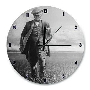 Siyah Beyaz Buğday Tarlasındaki Atatürk  Duvar Saati