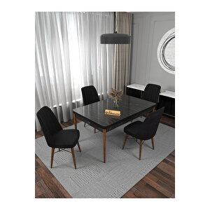 Riff Serisi , 80x130 Kapalı 80x170 Açılabilir Siyah Mermer Mutfak Masa Takımı 4 Siyah Sandalye