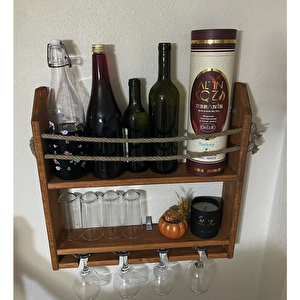 Rustik Ahşap Şaraplık Halatlı Içki Barı Standı 5015