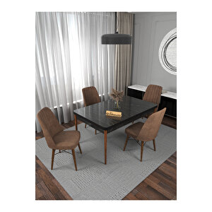 Riff Serisi , 80x130 Kapalı 80x170 Açılabilir Siyah Mermer Mutfak Masa Takımı 4 Kahverengi Sandalye Kahverengi